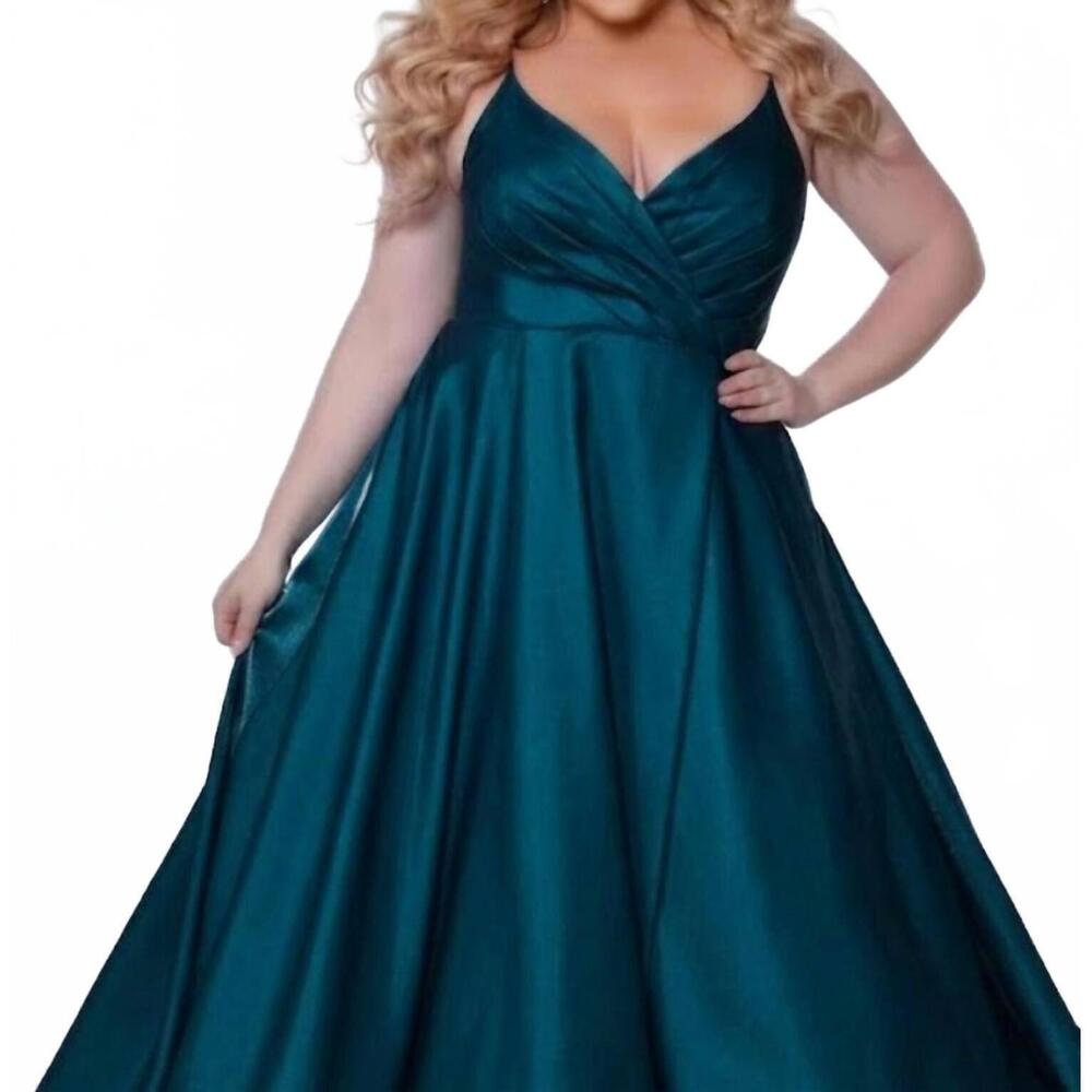 NEW SYDNEY'S CLOSET satin a-line gown - plus in teal